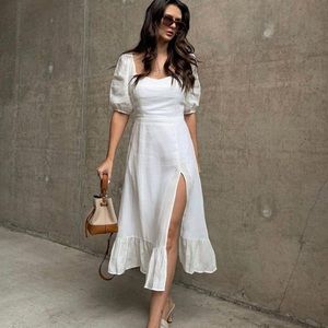 NWT! Puff Sleeve Split Hem Midi Dress